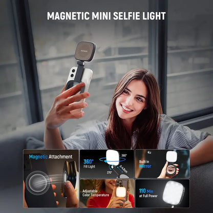 Magnetic selfie light, foldable LED ring fill light with mirror and stand.