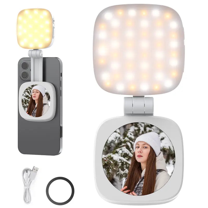 Magnetic selfie light, foldable LED ring fill light with mirror and stand.