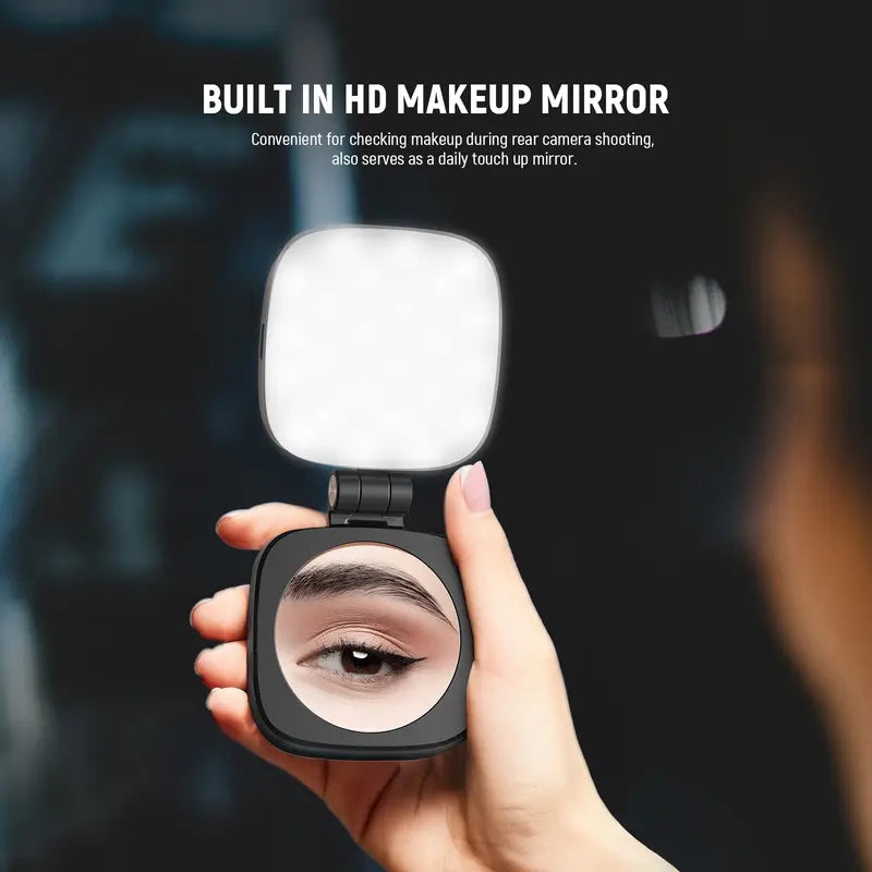 Magnetic selfie light, foldable LED ring fill light with mirror and stand.