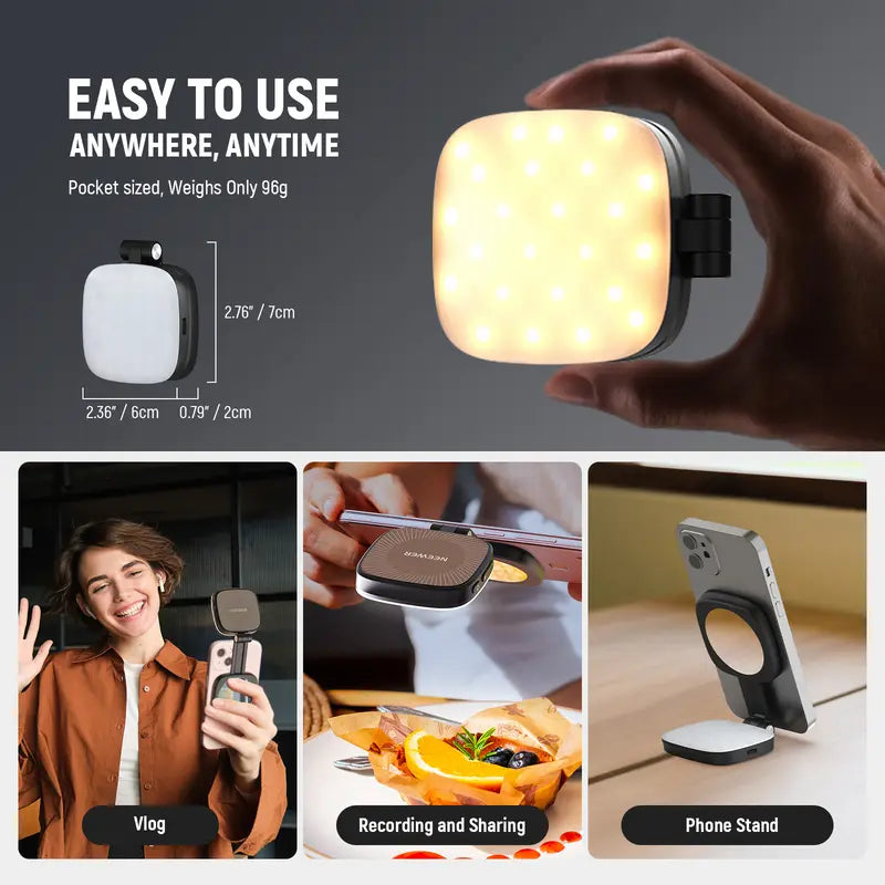 Magnetic selfie light, foldable LED ring fill light with mirror and stand.