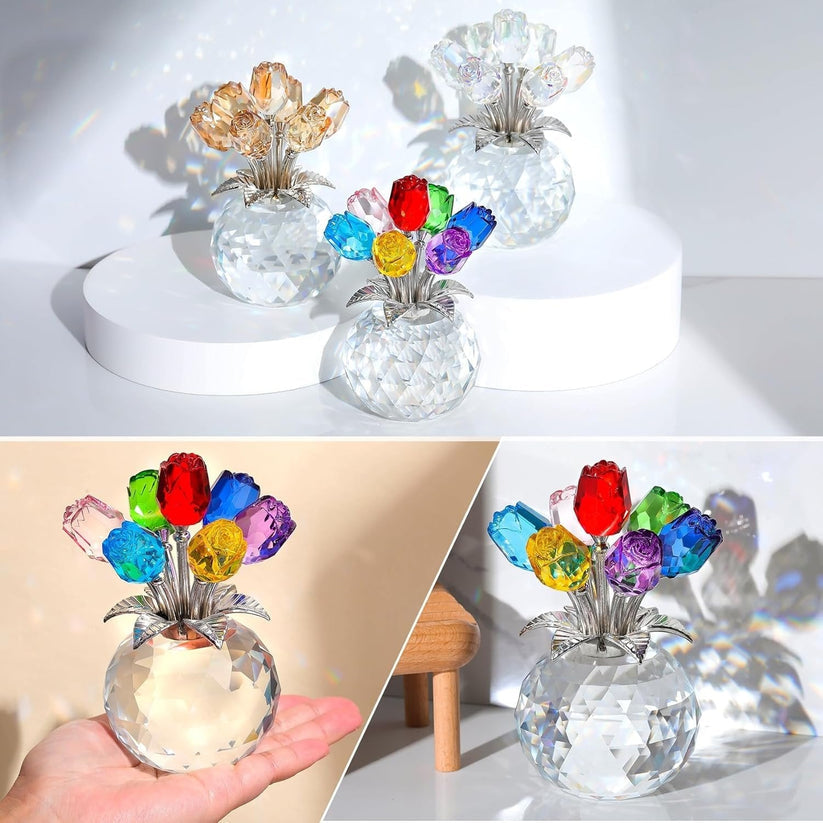 🌹Valentine's Day Sale❤️ Crystal Colorful Rose Flower Collectible Figurine with Vase