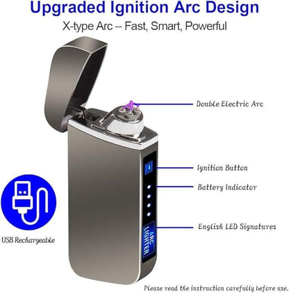 Electric Lighter, Dual Arc, Windproof, LED Battery Indicator, Automatic Protection, Metal