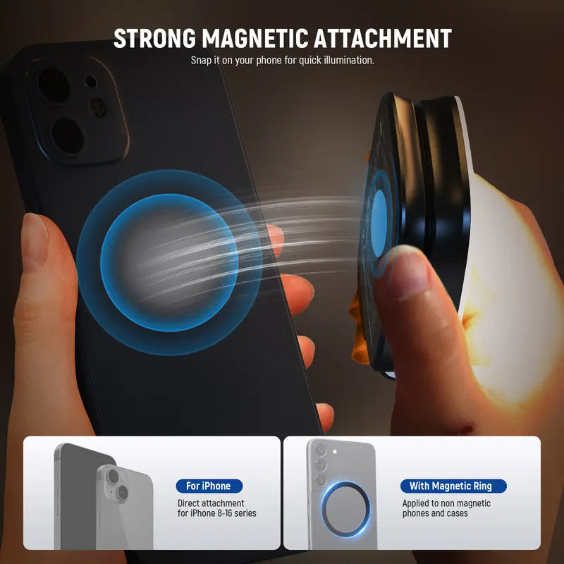 Magnetic selfie light, foldable LED ring fill light with mirror and stand.