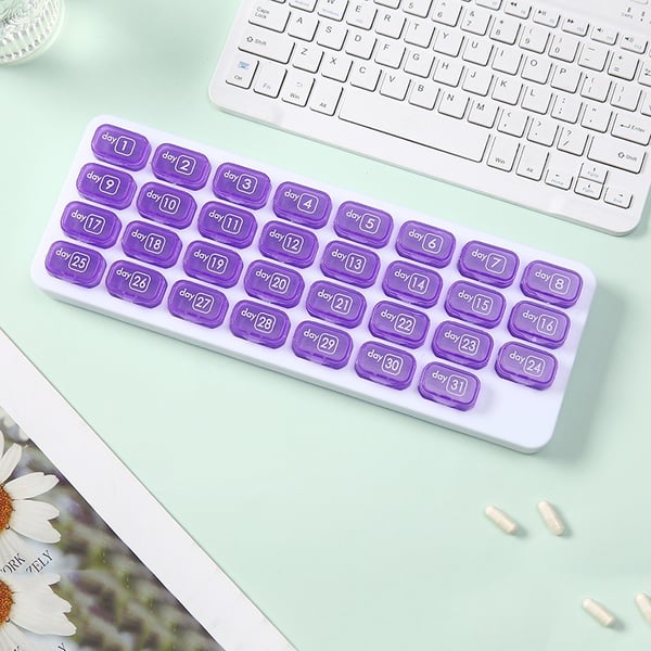 💊Monthly Pill Organizer with Lid - Arthritis-Friendly Easy-Open Lids 31 Removable Daily Pill Pods Date Reminder & Travel Case for Vitamins & Medications