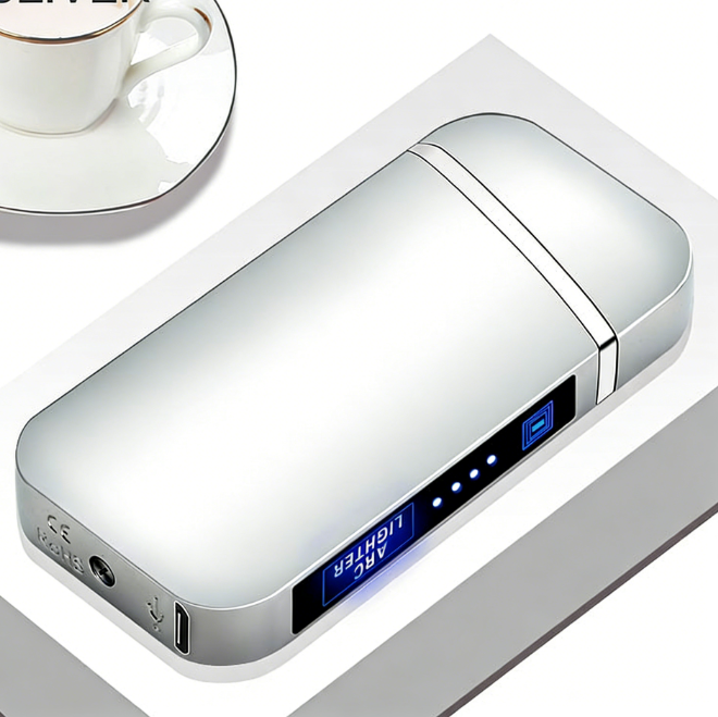 Electric Lighter, Dual Arc, Windproof, LED Battery Indicator, Automatic Protection, Metal