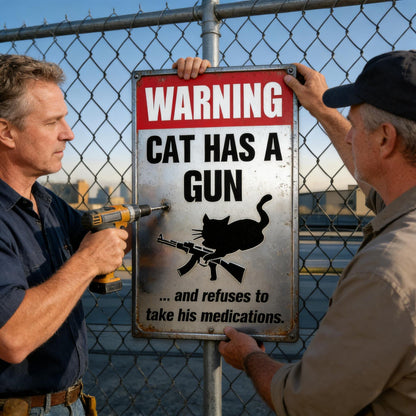 Funny "Cat & Dog Has a Gun & Won't Take Meds" Aluminum Sign