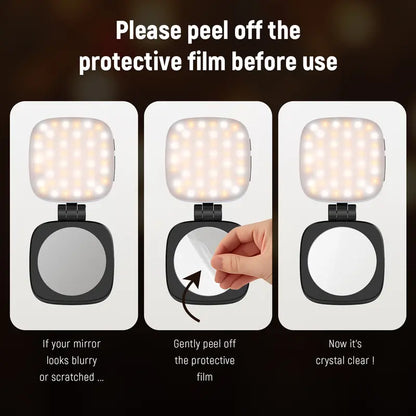 Magnetic selfie light, foldable LED ring fill light with mirror and stand.