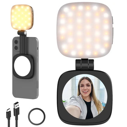 Magnetic selfie light, foldable LED ring fill light with mirror and stand.